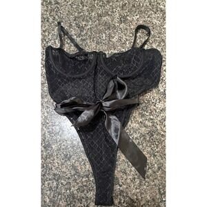 Fashion Nova Black Mesh Underwire Bodysuit Satin Bow Diamond Lattice Lingerie